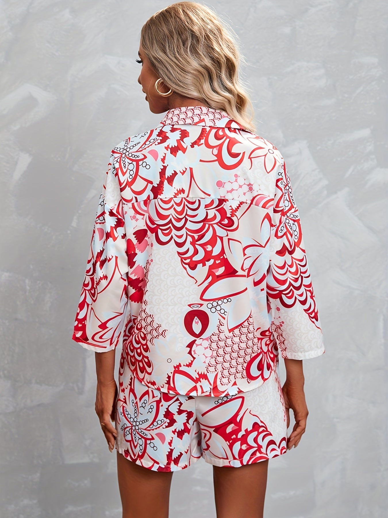 Emily | Allover Print Matching Two-piece Set, Casual Bracelet Sleeve Button Front Shirt & Loose Shorts Outfits, Women's Clothing