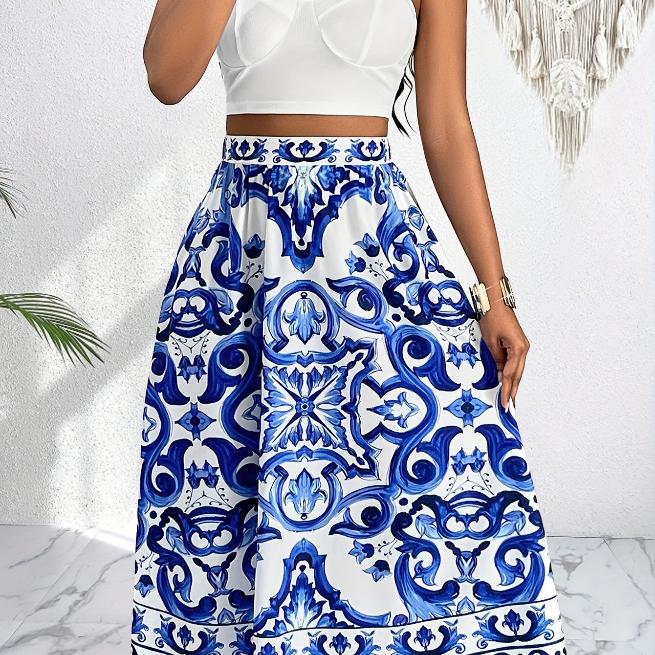 Amelia | Zomerse Rok & Top Set in Blauw-Wit – Vrouwelijk & Verfijnd