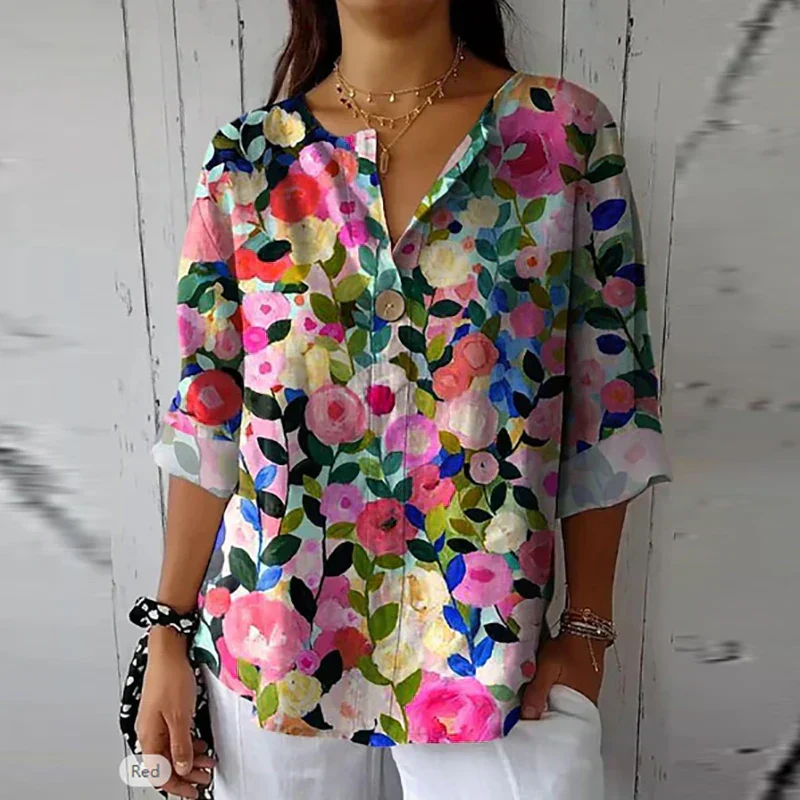 Kendra | Damesblouse met bloemenprint – Losvallend model en V-hals met knoop