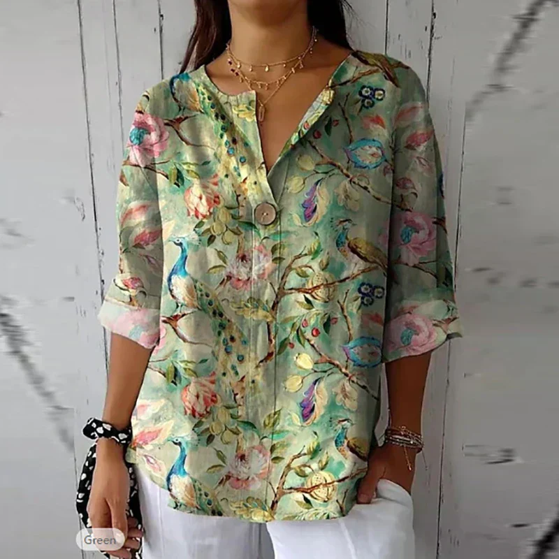Kendra | Damesblouse met bloemenprint – Losvallend model en V-hals met knoop