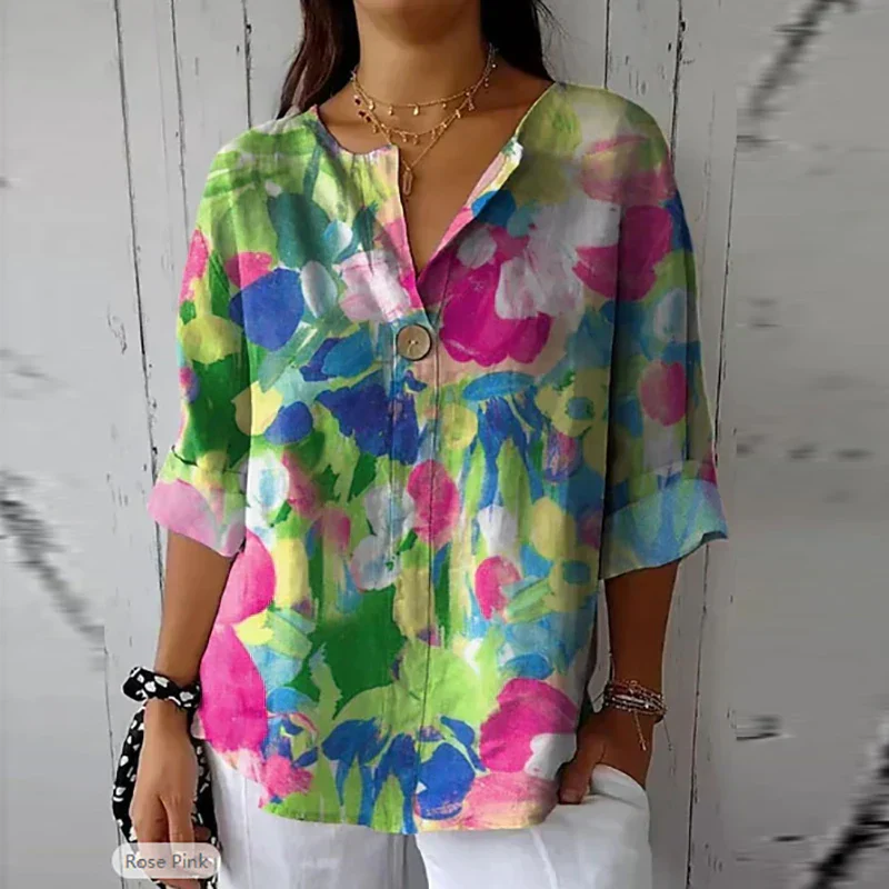 Kendra | Damesblouse met bloemenprint – Losvallend model en V-hals met knoop