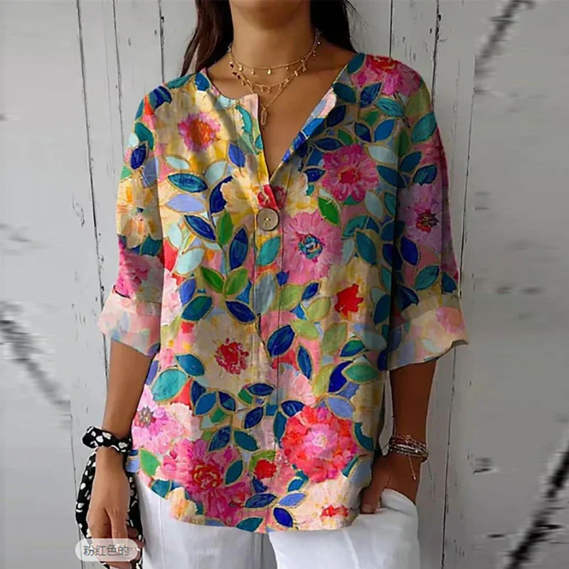 Kendra | Damesblouse met bloemenprint – Losvallend model en V-hals met knoop