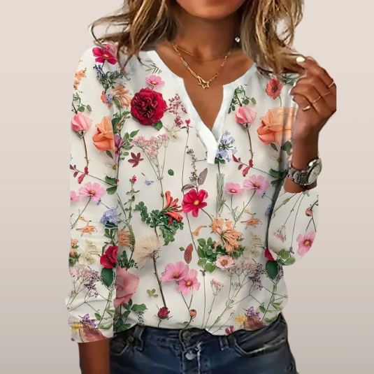 Elena | Zomerse Blouse vol Bloemenpracht en Elegante Halslijn