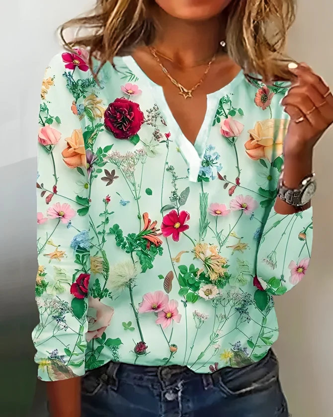 Elena | Zomerse Blouse vol Bloemenpracht en Elegante Halslijn