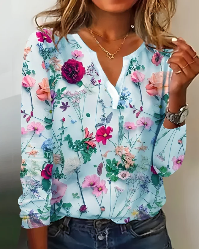 Elena | Zomerse Blouse vol Bloemenpracht en Elegante Halslijn