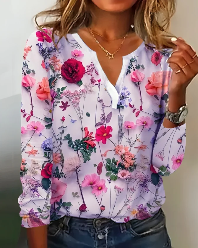 Elena | Zomerse Blouse vol Bloemenpracht en Elegante Halslijn
