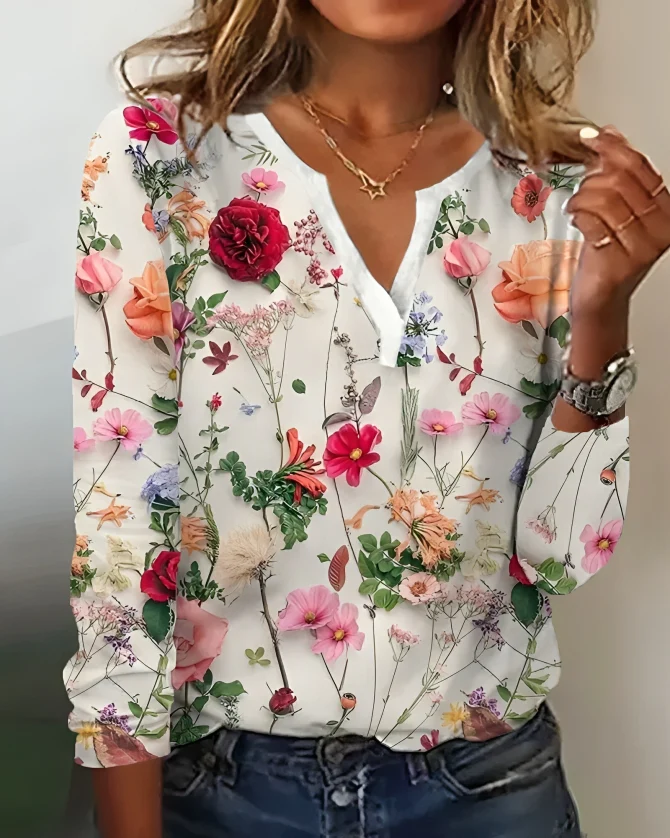 Elena | Zomerse Blouse vol Bloemenpracht en Elegante Halslijn