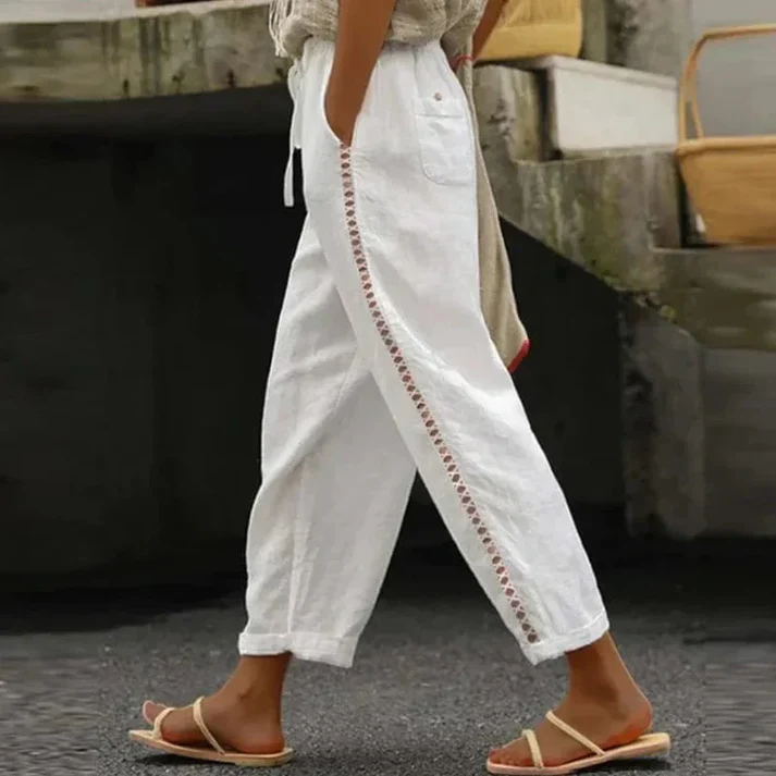 Elena | Luchtige Linnen Broek met Verfijnd Borduursel en Elastische Taille