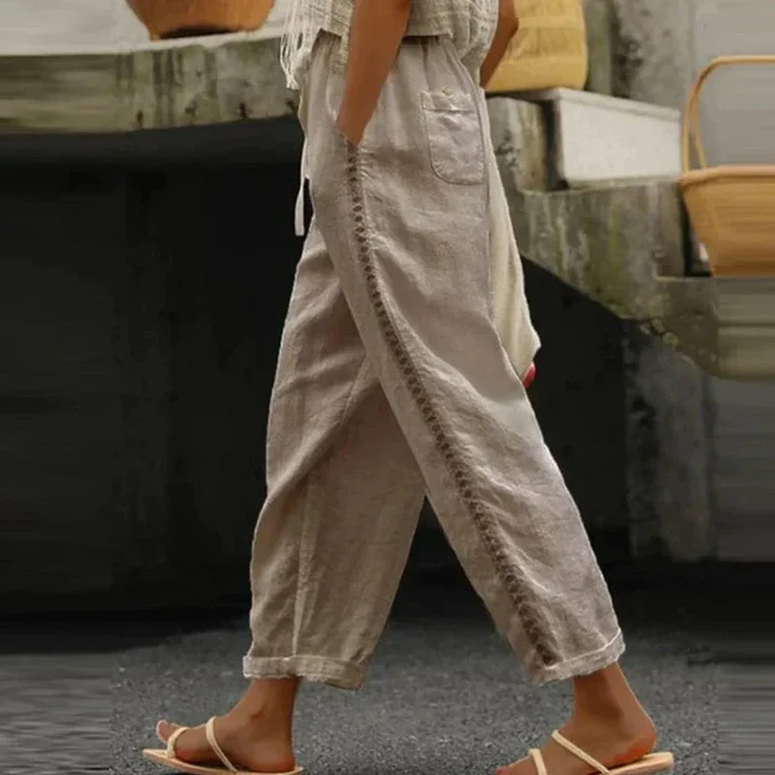 Elena | Luchtige Linnen Broek met Verfijnd Borduursel en Elastische Taille