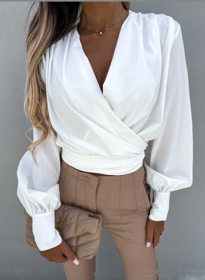 Diora | Elegante V-hals Blouse met Zomerse Pofmouwen