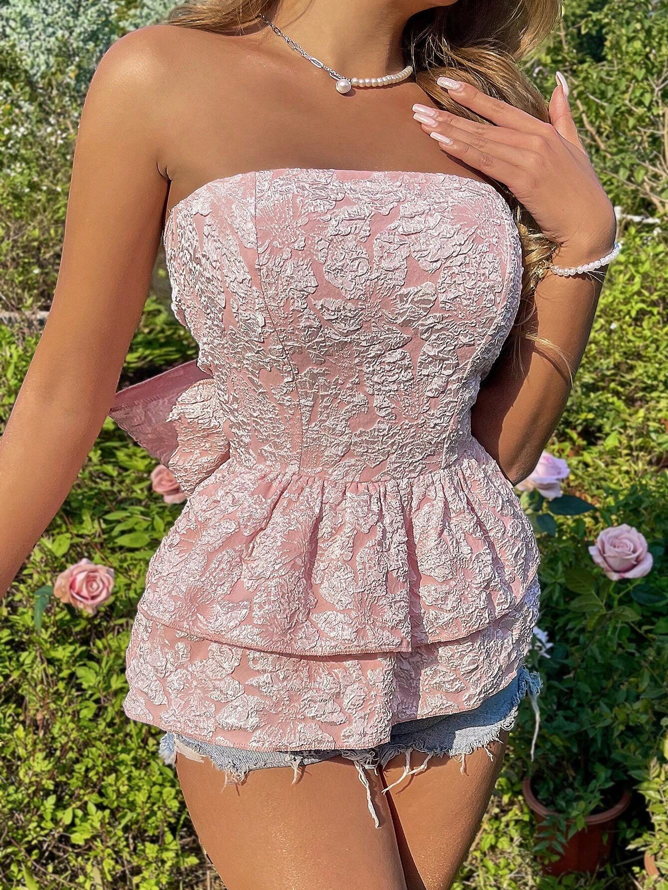 Leah | Holidaya Straploze Top met Bloemenprint Top Dames | Strapless zomertop met bloemenreliëf en striksluiting