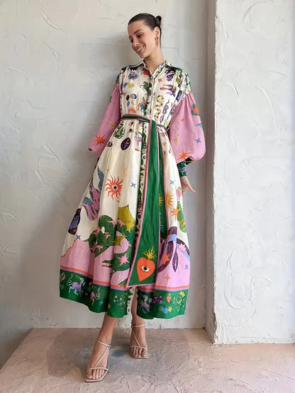 Adeline | Zwierige maxi-jurk met abstracte zomerse print