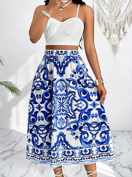 Amelia | Zomerse Rok & Top Set in Blauw-Wit – Vrouwelijk & Verfijnd
