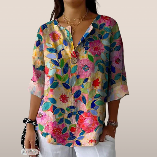 Kendra | Damesblouse met bloemenprint – Losvallend model en V-hals met knoop