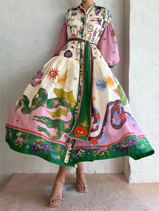 Adeline | Zwierige maxi-jurk met abstracte zomerse print